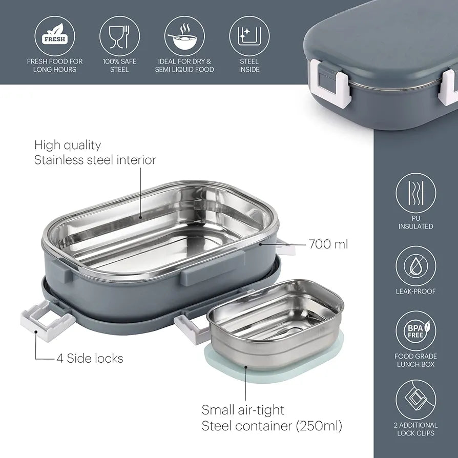 CELLO Altro Neo Lunch Box, Neo Grey 700ml, 2 Container Lunch Box for Kids | Steel Insulated Lunch Box with Veg Box | Leak-Proof Air Tight Container Tiffin Box for Kids | Ideal for School & Picnic